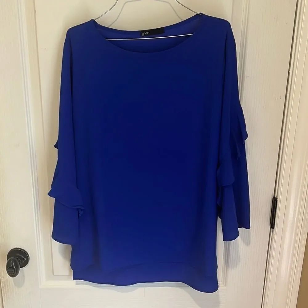 New Gibson blue cascade ruffle sleeve blouse